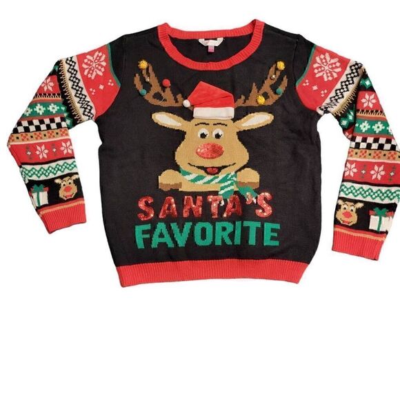 Ugly Christmas Sweater Party Contest Winner Reindeer Sequins Jingle Bells - Picture 1 of 11